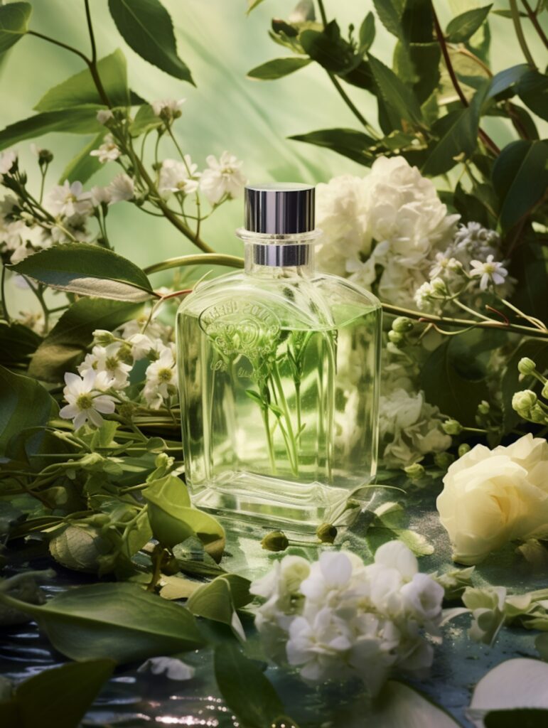 Flacon de parfum transparent entouré de fleurs blanches et de feuillage, évoquant une senteur fraîche et naturelle.