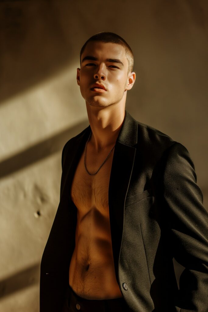 Homme au regard intense, portant un blazer noir ouvert sur son torse nu, sous une lumière dorée contrastée.