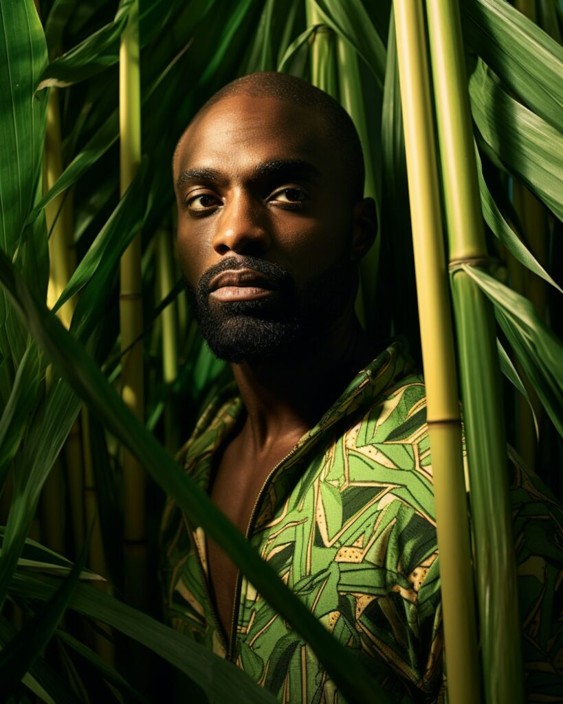 Homme élégant dans une jungle luxuriante, portant une tenue aux motifs végétaux, symbole d’exotisme et de raffinement.