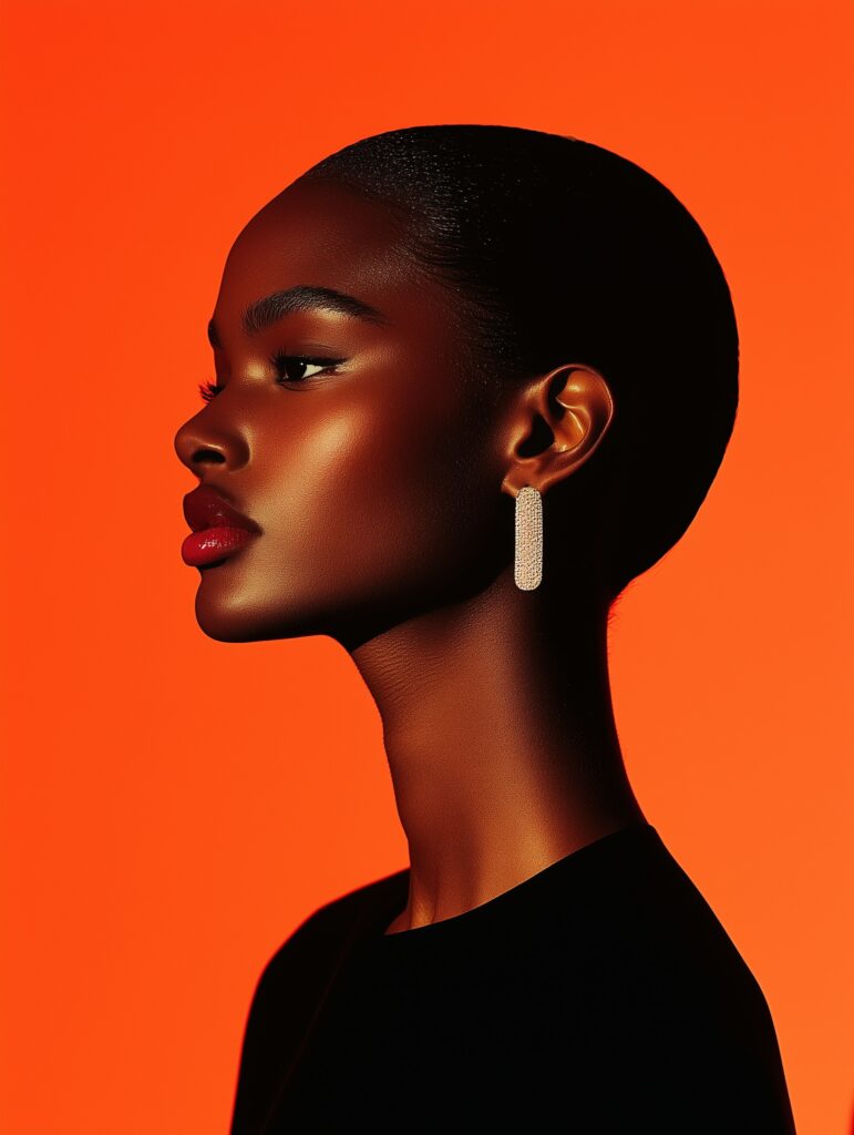 Portrait élégant d’une femme avec boucles d’oreilles en diamant sur fond orange vibrant.